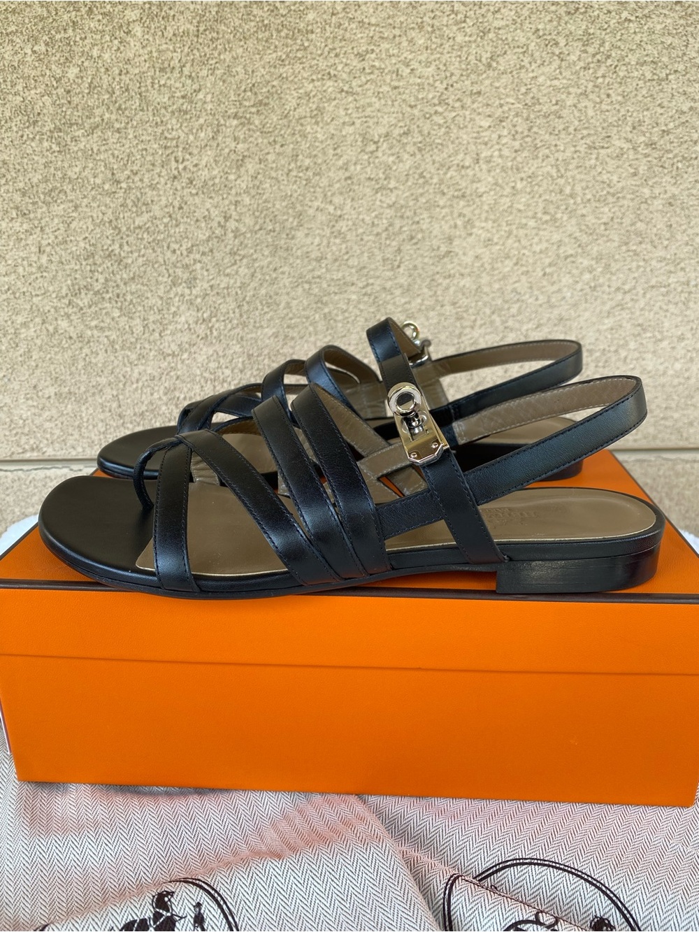 Hermes “Marine” Black Leather Sandals w/Iconic Kelly Lock Hardware